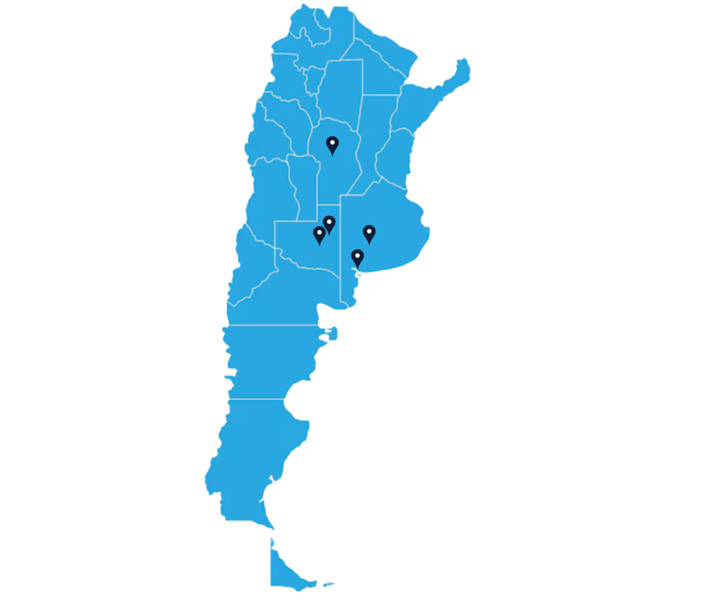 Mapa de Argentina con ubicaciones de agencias - Bahía Blanca, Santa Rosa, General Acha, Coronel Suárez y Río Tercero
